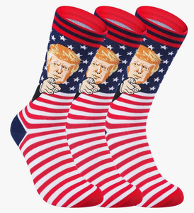 lot 2069 image: Trump Socks 3-Pack - Funny Donald Trump Gifts for Men Women, Patriotic MAGA American Flag Novelty Socks