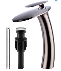 lot 2082 image: Wovier Brushed Nickel Waterfall Bathroom Faucet,Single Handle Single Hole Brass Lavatory Vanity Vessel Faucet,Slanted Body Basin Mixer Tap Tall Body with Supply Hose and Pop Up Drain Assembly