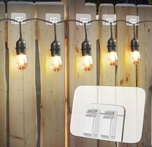lot 2097 image: 80Pcs Hooks for Outdoor String Lights Clips Heavy Duty Cable Clips with Waterproof Adhesive Strips for Hanging Christmas Light - Outside UV-Resistant Clear Sticky Cord Holders Rope Organizer