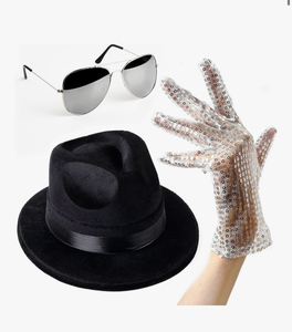 lot 2107 image: Cosmic Chameleon Pop King Jackson Costume - Unisex 3 Piece - M-J Sequin Gloves, Black Fedora Hat and Silver Aviator Sunglasses - 80s 90s Themed Halloween Cosplay Stage Party Outfit