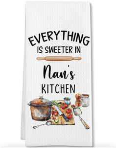 lot 2133 image: Nan Gifts for Grandma Kitchen Towels, Christmas Mothers Day Birthday Gifts for Nan from Grandkids Hand Towel, Everything is Sweeter in Nans Kitchen Decorative Tea Dish Towels, 16x24in (inscription May differ)