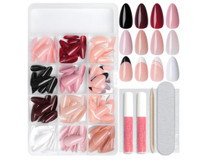 lot 2144 image: 288pc Almond Press on Nails Medium Acrylic Nails Press on Nails French Tip Short Fake Nails with Glue and Adhesive Tabs, Glue on Nails Pack False Stick on Nails Artificial Fingernails, Red