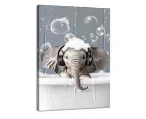 lot 2162 image: Bathroom Canvas Wall Art Funny Elephant Taking a Bath in a Bathtub with Headphones Picture Printed Poster Abstract Animal Art for Nursery Childrens Bedroom Bathroom Frame(Artwork-04, 12x18)