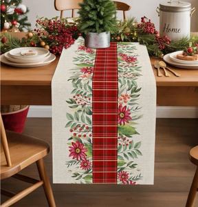 lot 2164 image: Christmas Floral Table Runner 90 Inches Long Flowers Leaves Table Runners 13 x 90 Inches Classic Red Plaid Kitchen Dining Table Decoration Home Decor for Dresser Party Holiday