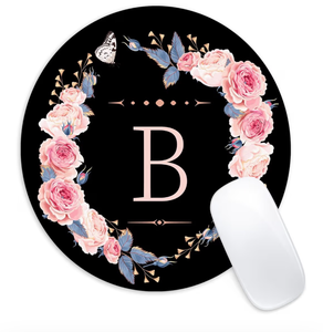 lot 2170 image: Letter B Black and Pink Flowers Round Mouse Pad, Funny Small Mouse Mat with Non-Slip Rubber Base, Home Office Decor Desk Accessory, 8.7inch Round