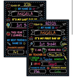 lot 2183 image: Melisheer First & Last Day of School Chalkboard, Personalized Paper Back to School Supplies, 14 X 11 in Erasable Double Sized First Day of School Board for Kids Son Daughter