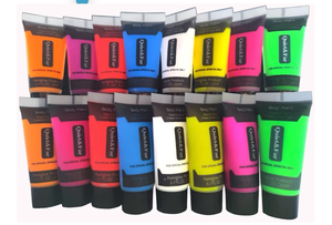 Quiet&Far Body Paint Set with tubes 16 x 20ml/0.7 fl oz Neon Glow in the dark paint face paint under Blacklight Reactive Fluorescent Paint Non-Toxic