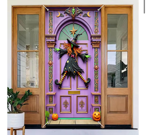 lot 2233 image: Halloween Witch Door Cover 71x35 Inch Spooky Banner for Front Door Outdoor Indoor Decorations Large Holiday Backdrop with Crashed Witch Purple Gothic Door Pumpkin Stars Crescent Decor