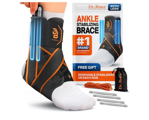 lot 2243 image: Dr. Brace��� Breathable Ankle Brace For Sprained Ankle, Slim Fit. Unique Multi-Function Removable Stabilizer- Quick Lace Up Ankle Support for Women Men, Easy to use for Injury, Sprain, Sports (Black - Orange, X-Large)