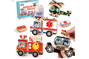 lot 2253 image: HUZU Emergency Vehicles 3D Puzzle Toy, Rescue Squad Wooden Snap Button Connection Building Blocks for Kids 3-8, Fire Truck Ambulance Police Car Helicopter Montessori Gifts for Preschool Children