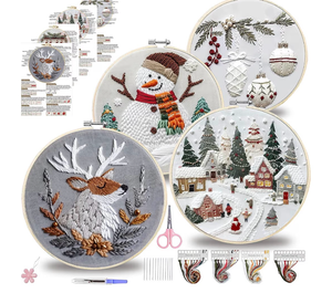 lot 2257 image: QBQBQ 4 Sets Christmas Embroidery Kit for Beginners, Embroidery Kits for Adults, Cross Stitch Kits for Beginners with Pattern, Needles, Threads, Bamboo Hoops, Tools
