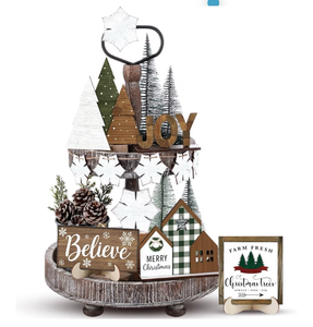 lot 2264 image: 20 Pcs Neutral Christmas Tiered Tray Decor Set Vintage Plaid Snowflake Xmas Tree Wood Sign Rustic Farmhouse Tray Decoration Tabletop Sign for Winter Home Kitchen Festival