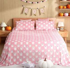 lot 2268 image: VitalCozy 4 Pcs Halloween Bedding Set Queen Size Pink with White Ghost Pattern Bedding Throw Flannel Blanket with Halloween Sheets and 2 Pcs Pillowcases for Bedroom Home Decor