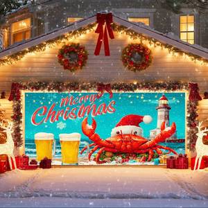 lot 2275 image: IVN Christmas Garage Door Banner 13x6 ft Merry Christmas Garage Door Cover Santa Crab Lighthouse Winter Coastal Home Door Front Yard Decor for Xmas Eve Holiday Outdoor