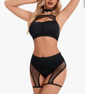 lot 2276 image: Womens Rave Outfits  3Pcs Fishnet Lingerie Set with Cutout Top, Booty Shorts & Choker for Festival or Babydoll Nightwear