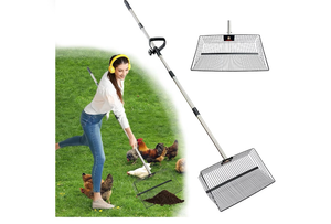 lot 2282 image: 15inch Large Metal Chicken Poop Scooper for Sand, Chicken Pooper Scooper with 39 to 76 Adjustable Stainless Steel Handle, Litter Scooper Sand Sifting Shovel for Dogs, Cats, Chicken Coop Accessories