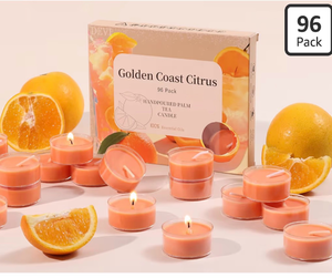 lot 2288 image: DEVI Golden Coast Citrus Highly Scented Tea Lights Candles 96 Pack, 3.5-4 Hours Natural Palm Tea Candles for Home Scented, Scented Small Votives with Essential Oils for Baby Shower, Relaxing