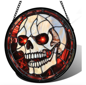 lot 2289 image: Stained Glass Window Hanging - Halloween Decorations White Skeleton Suncatcher for Doors Garden Indoor Spooky Funny Red Sun Catchers Gothic Decor Horror Gifts for Women Men Friend 6.3 in
