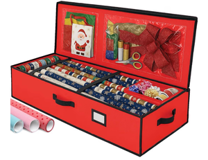 lot 2291 image: Christmas Wrapping Paper Organizer Storage Box, StrapsPockets, 40 Heavy-Duty Gift Wrap Storage Holder for Bags, Bows, Tags, Ribbons, Holiday Decorations, Fits Up to 24 Rolls Underbed Container (Red)