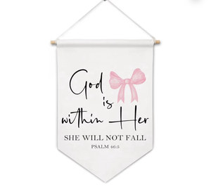 lot 2300 image: ArtisaEura Coquette Pink Bow Christian Wall Canvas Banners, God Is Within Her She Will Not Fall Bible Verse Hanging Display Pennant Banner Flags, Religious Wall Decor for Girly Room Bedroom Dorm