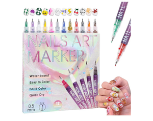 lot 2310 image: 12 Colors Nail Art Pens Set Fine Tip 0.5mm Quick-Dry Nail Art Markers for DIY Nail Designs & Nail Painting, Ideal Gift for Women & Girls, Great for Home Salon & Beginners