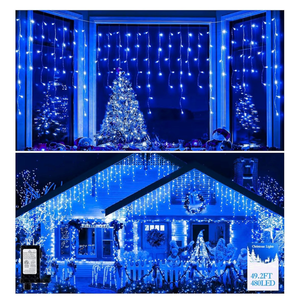 lot 2315 image: 480 LED 49FT Christmas Lights Plug in 8 Modes with Timer Dimmable Christmas Decorations Outdoor Waterproof Indoor Curtain String Lights for Roof Porch Garden Holiday Wedding Party Decor Blue