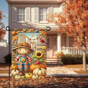 lot 2324 image: IVN Happy Thanksgiving Garden Flag 12x18 Inch Double Sided Scarecrow Pumpkin Sunflower Red Bird Fall Outdoor Yard Flag for Outside Front Door Lawn Porch Patio Welcome Decor