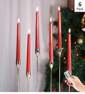 lot 2341 image: Eywamage Red Flameless Taper Candles with Remote, Flickering Battery LED Wax Candlesticks Home Decor Set of 6