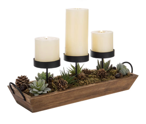 lot 2349 image: MyGift 3-Pillar Black Metal Candle Holder with Rustic Wood Tray and Handles, TabletopMantel Centerpiece