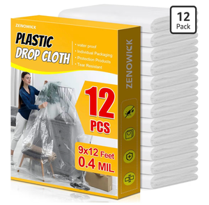 lot 2384 image: 12 Pack Plastic Drop Cloth, 9x12 Ft Plastic Sheeting for Painting, Dust-Proof Tear-Resistant Painters Plastics Tarp Cloth for Furniture Floor Sofa Protector Cover Durable & Thick
