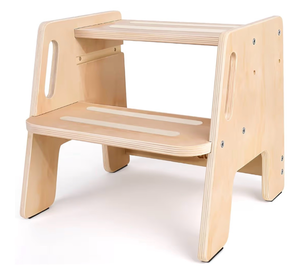 lot 2394 image: Toddler Step Stool, Wooden Height-Adjustable 2-Step Stool for Kids, Potty Training Stool with Handles for Bathroom Sink, Kitchen, Bedroom