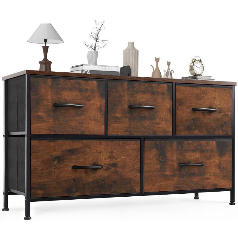 lot 61942 image: OLIXIS 5 Drawer Dresser Nightstand Classic Rust Brown, Wooden Top Metal Frame Fabric Storage Organizer for Bedroom Living Room Entryway, Wide TV Stand Closet Chest Furniture