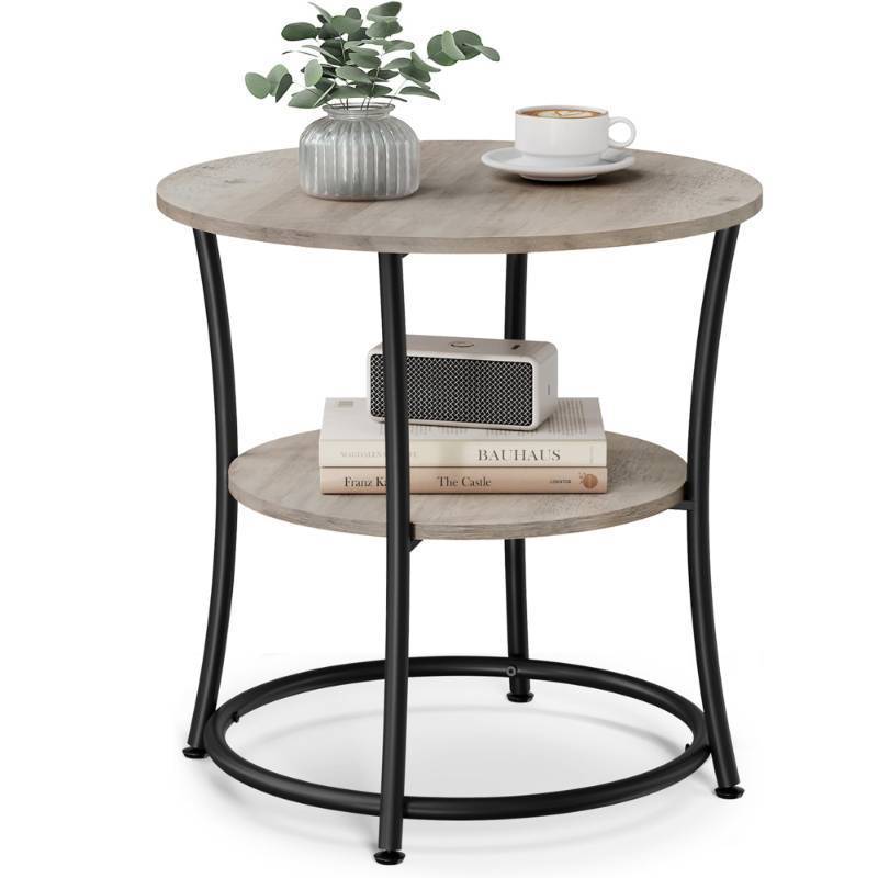 lot 63093 image: VASAGLE 21.7-Inch Round Side Table, 2-Tier End Table, Nightstand with Steel Frame, Spacious Top, for Small Spaces, Living Room, Bedroom, Heather Greige and Ink Black ULET56BG