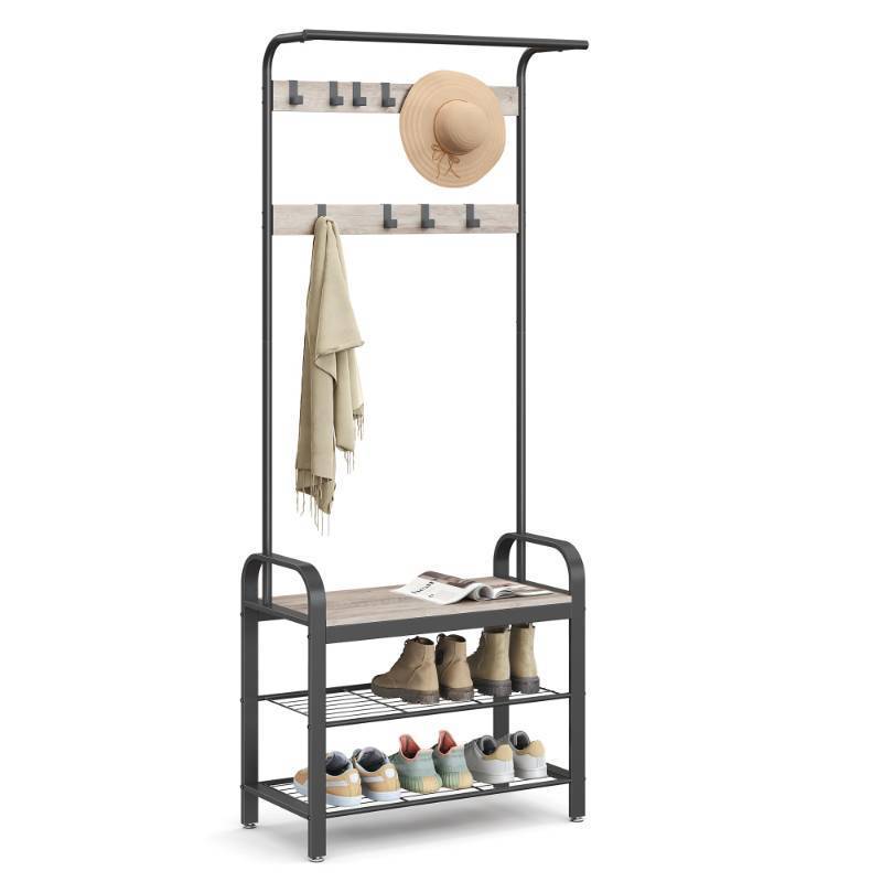 lot 63125 image: VASAGLE Coat Rack, Hall Tree with Shoe Bench for Entryway, Entryway Bench with Coat Rack, 4-in-1, with 9 Removable Hooks, a Hanging Rod, 13.3 x 28.3 x 72.1 Inches, Greige and Black UHSR40MB