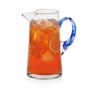 lot 60005 image: Libbey Cabos Large Glass Pitcher, 90 Oz Handcrafted Glass Water Pitcher with Spout and Blue Handle, Artisan-Inspired Water Carafe for Tables, Kitchen