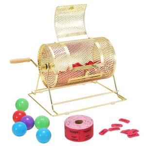 lot 60009 image: VEVOR Raffle Ticket Spinner - 12 x 8 Inch Raffle Drum Lottery Spinning Drawing, Brass Plated Raffle Tickets Roll Box with Wooden Turning Handle Holds 2500 Tickets or 100 Ping Pong Balls for Events