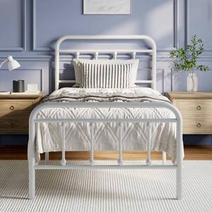lot 60021 image: Novilla Metal Bed Frame Twin Size - Modern Minimalist Victorian Style with HeadboardFootboard, Heavy-Duty Steel SlatsUnderbed StorageNo Box Spring NeededEasy AssemblyNoise FreeWhite