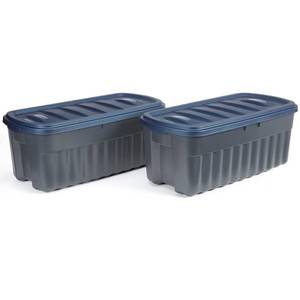 lot 60029 image: Rubbermaid Roughneck� 50 Gallon Storage Totes, Durable, Stackable Storage Containers with Lids, Great for Home, Office, and Garage Organization, Grey Base and Dark Indigo Metallic Lid, Pack of 2, Grey and Dark Indigo Metallic, 50 Gal - 2 Pack