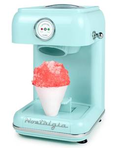 lot 60030 image: Nostalgia Snow Cone Shaved Ice Machine - Retro Table-Top Slushie Machine - Includes 1 Reusable Plastic Cup - Aqua Powers om and spinds to crush ice