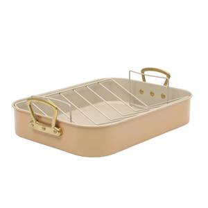 lot 63166 image: Gibson Home Broxton 2-Piece Nonstick Roaster Pan with Rack 16 x 12 Inch Apricot Turkey Roasting Pan with Cast Aluminum Gold Handles Oven-Safe, Easy-Clean, Holiday Cookware