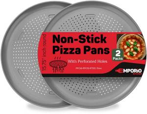 lot 61010 image: Emporio Kitchen Non-Stick Pizza Pan 2 Pack 16 Inch Round Carbon Steel Pizza Tray with Perforated Holes, PFOAPFOSPTFE-Free, Dishwasher & Oven Safe Up To 450°F, Durable Nonstick Silver Coating