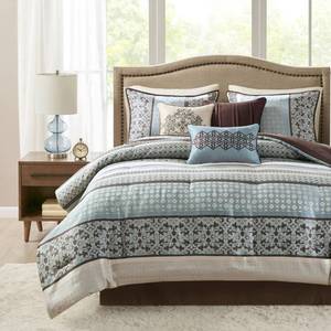 lot 61039 image: Madison Park Cozy Comforter Set - Luxurious Jaquard Traditional Damask Design, All Season Down Alternative Bedding with Matching Shams, Decorative Pillow Princeton Blue Queen(90x90) 7 Piece