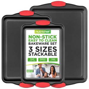 lot 61048 image: NutriChef 3-Piece Nonstick Kitchen Oven Baking Pans - Premium & Stylish Non-Stick Steel, Commercial Grade Restaurant Quality Metal Bakeware with Red Silicone Handles - Easy to Clean, NCSBS3S
