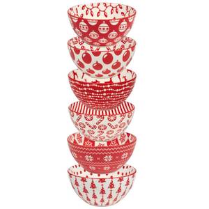 lot 62012 image: Peppermint Candy 13oz Porcelain Bowls, Set of 6 Festive Red & White Christmas All Purpose Snack, Dessert & Cereal Bowls with Cheerful Holiday Prints