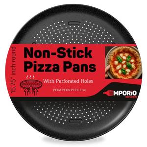 lot 62028 image: Emporio Kitchen Pizza Baking Pan - 15.75-Inch Round Perforated Carbon Steel Tray with Non-Stick Gray Marble Coating, Airflow Design, Dishwasher & Oven Safe (Up to 450°F), PFOA, PFOS, PTFE-Free, Gray