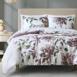 lot 63023 image: Madison Park Queen Comforter Set with Sheets, Floral Print, Microfiber Comforter for a Queen-Size Bed, Shabby Chic Bed in a Bag Set Diamond Printed Sheet, Alice, Queen Mauve 7 Piece