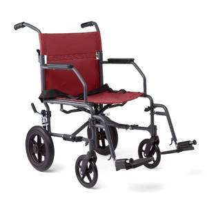 Medline Basic Steel Transport Chair - Full-Length Arms, Swing-Away Footrests, 12\" Wheels - Gray/Burgundy - Durable & Convenient Mobility Aid