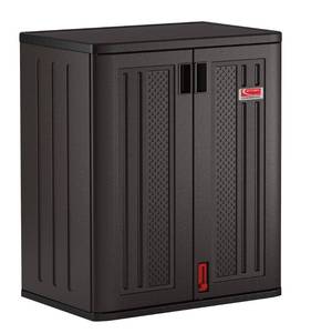 lot 63174 image: Suncast Heavy-Duty Resin Outdoor Storage Cabinet, 30 W x 20.25 D x 36 H Dark Grey Base Garage Storage Cabinet with Lockable Doors and Metal Reinforced Shelves, Made in The USA