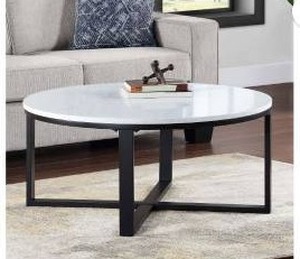 Adley Round Coffee Table with Faux Marble Top and Black Metal Base