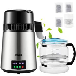 lot 17023 image: VEVOR 1.1 Gal Water Distiller, 0.3 GalH, Distilled Water Maker Machine 750W 0-99H Timing Set Temp Display, 304 Stainless Steel Countertop Distiller Glass Carafe Cleaning Powder 1 Carbon Packs, Silver Powers on